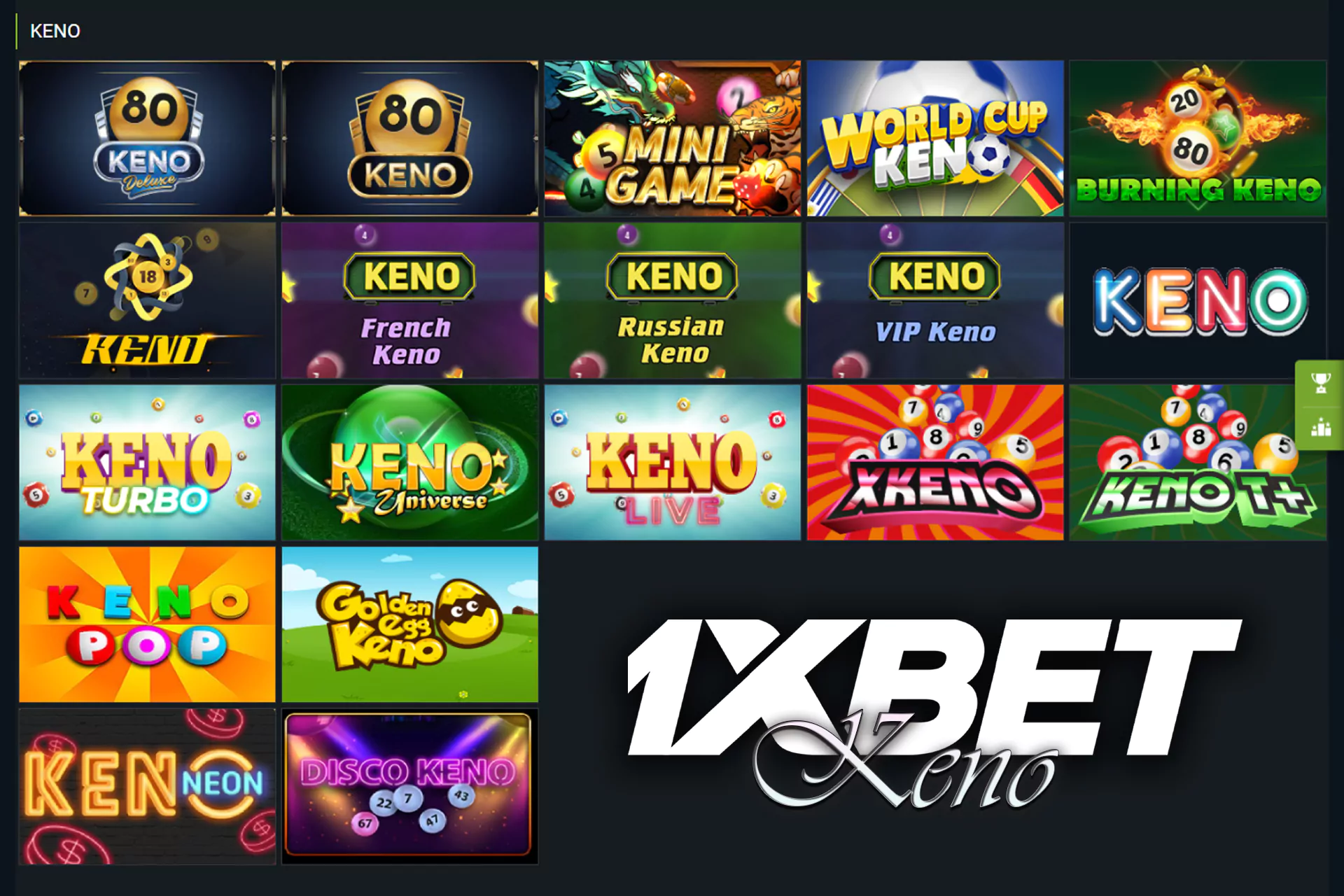 Keno ဟာ နံပါတ်တွေကို ရွေးချယ်ပြီး ရလဒ်ကို စောင့်ကြည့်ရတဲ့ အွန်လိုင်းကာစီနိုဂိမ်းတစ်မျိုး ဖြစ်ပါတယ်။ လက်ရှိဂိမ်းစည်းမျဉ်းနဲ့ နံပါတ်အရေအတွက်ကို ဂိမ်းစာမျက်နှာမှာ အတည်ပြုပါ။