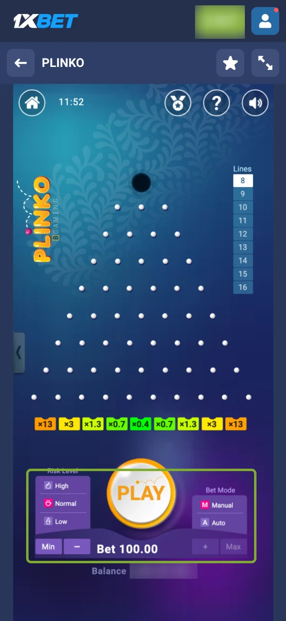1xbet Plinko တွင် လောင်းကြေးပမာဏနဲ့ အန္တရာယ်အဆင့်ကို ရွေးချယ်နိုင်ပါက သင့်ဘတ်ဂျက်နဲ့ သင့်လျော်အောင် သတ်မှတ်ပါ။ ပိုမိုမြင့်မားတဲ့ အန္တရာယ်အဆင့်ကို ရွေးချယ်ခြင်းက ရလဒ်အပြောင်းအလဲကို ပိုမိုများပြားစေနိုင်တာကြောင့် စည်းမျဉ်းကို အရင်ဖတ်ပါ။
