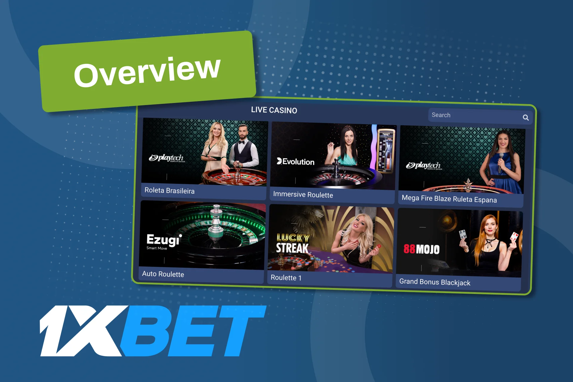 1xbet真人娱乐场တွင် Blackjack၊ Roulette၊ Baccarat၊ Andar Bahar နှင့် Teen Patti ကဲ့သို့သော ဂိမ်းအမျိုးအစားများ ပါဝင်နိုင်သည်။ စားပွဲတစ်ခုချင်းစီ၏ ရရှိနိုင်မှုကို အကောင့်အတွင်း စစ်ဆေးပါ။