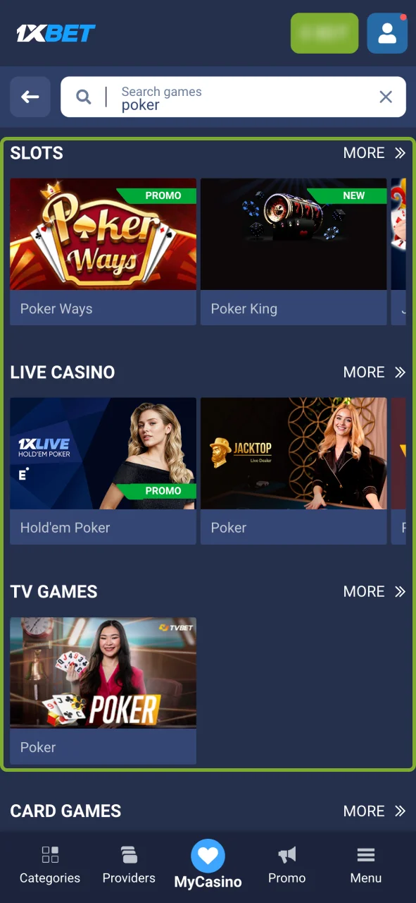 1xbet Poker ဧရိယာတွင် Live dealer သို့မဟုတ် player room ရှိ ရရှိနိုင်သည့်ပုံစံကို ရွေးပါ။