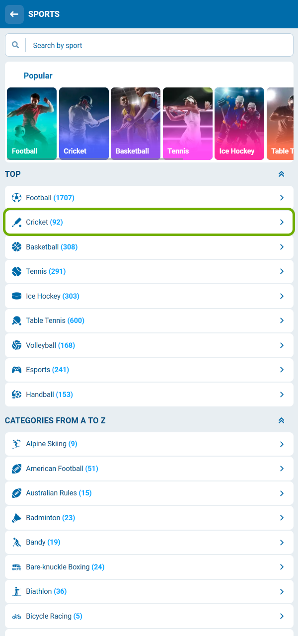 1xbet ၏ အားကစားကဏ္ဍမှ ခရစ်ကတ်ပွဲစဉ်ကို ရွေးချယ်ပြီး စတင်မည့်အချိန်၊ ပြိုင်ပွဲပုံစံနှင့် တိုက်ရိုက်လောင်းကြေးဈေးကွက် ရရှိနိုင်ခြင်းရှိမရှိ စစ်ဆေးပါ။
