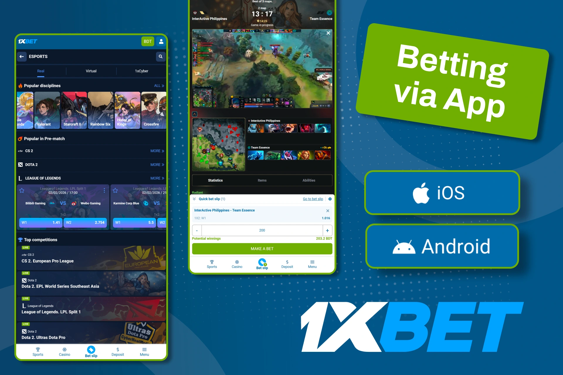 ဖုန်းဘရောက်ဇာမှတစ်ဆင့် 1xbet ၏ မိုဘိုင်းအင်တာဖေ့စ်ကို အသုံးပြုကာ နေရာမရွေး အီလက်ထရွန်နစ်အားကစားပွဲအချက်အလက်များကို ကြည့်ရှုနိုင်ပါသည်။