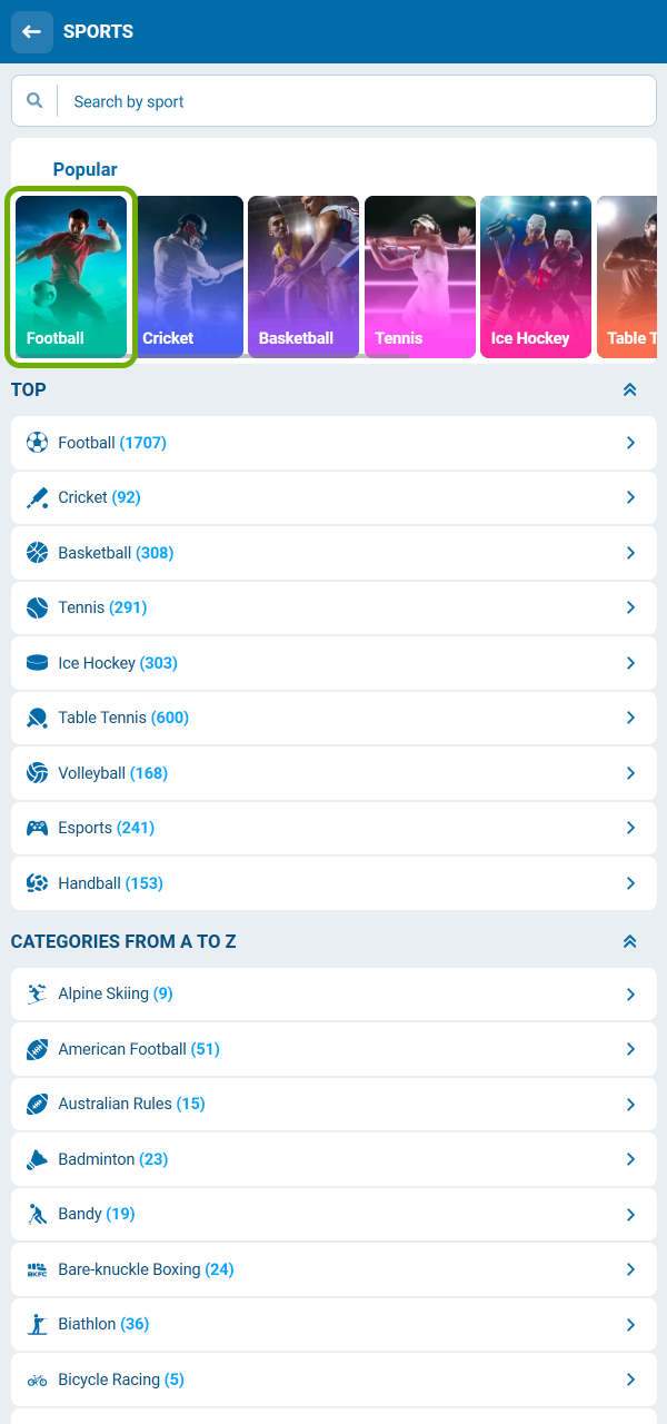 1xbet အားကစားမီနူးကို ဖွင့်ပြီး ဘောလုံးပွဲစာရင်းများကို အလွယ်တကူ ရှာဖွေပါ။