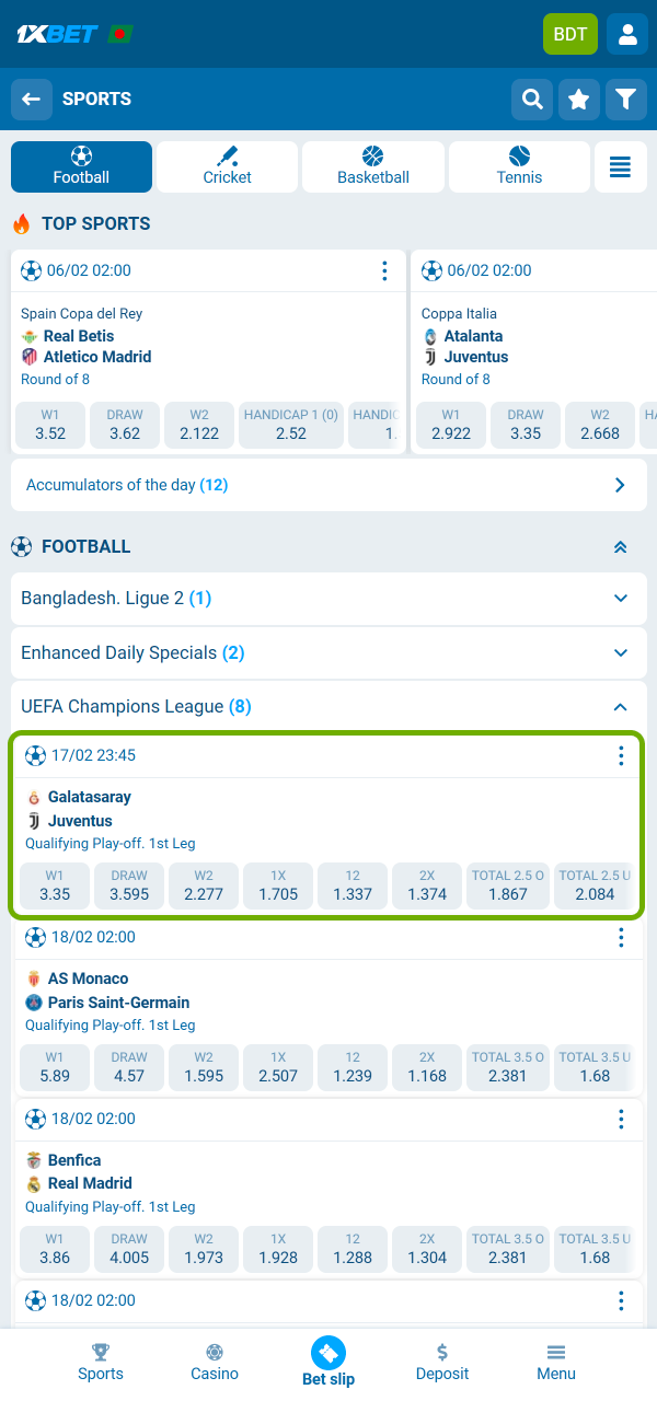 1xbet တွင် လောင်းကြေးဈေးကွက်များကို လျင်မြန်စွာ ကြည့်ရှုပြီး ရွေးချယ်မှုများကို လောင်းကြေးစာရင်းထဲသို့ ထည့်ပါ။
